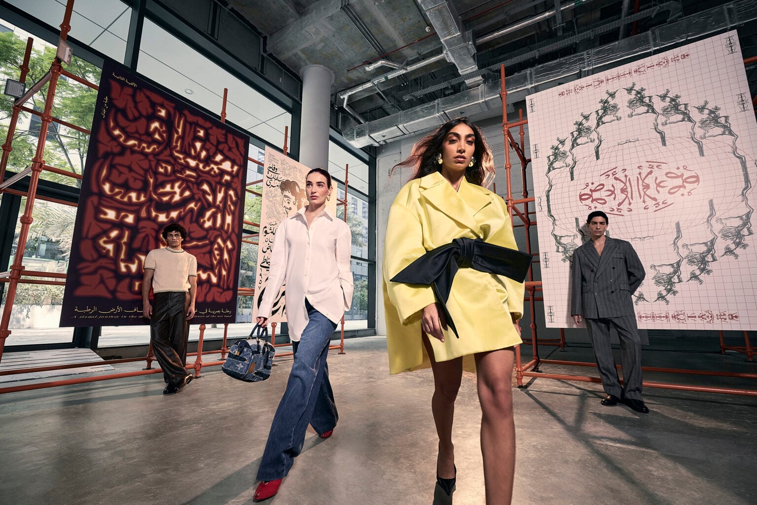 Group of models walking through a gallery hung with large textile artworks
